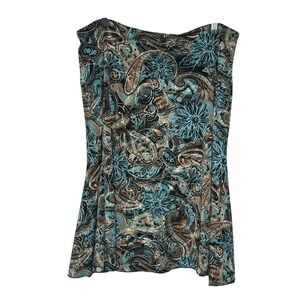 KC Stevens Skater Skirt XL Teal Brown Paisley Floral Midi A-Line Stretch USA